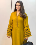 Mustard Woven Geometric Bell Sleeve Shawl Kurta