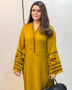 Mustard Woven Geometric Bell Sleeve Shawl Kurta