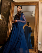 Navy Blue Chiffon Embellished Shoulder Maxi Dress