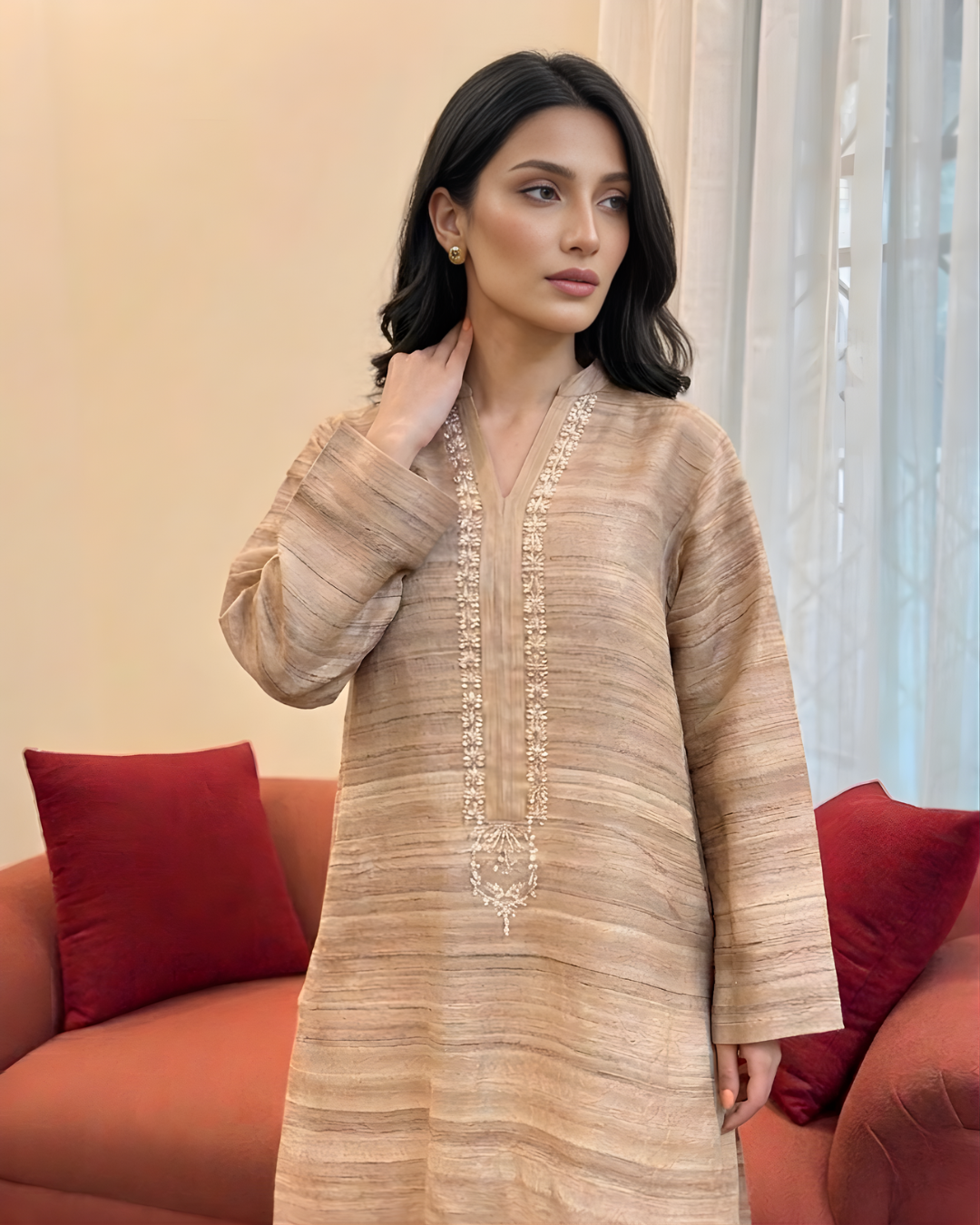 Beige Arri Pearl Embroidered Khaddi Silk Kurta Set