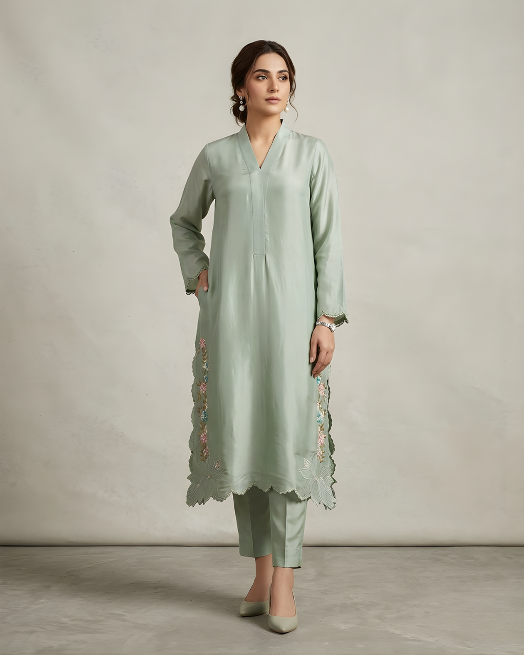 Teal Sheesha Silk 3-Piece Embroidered Suit