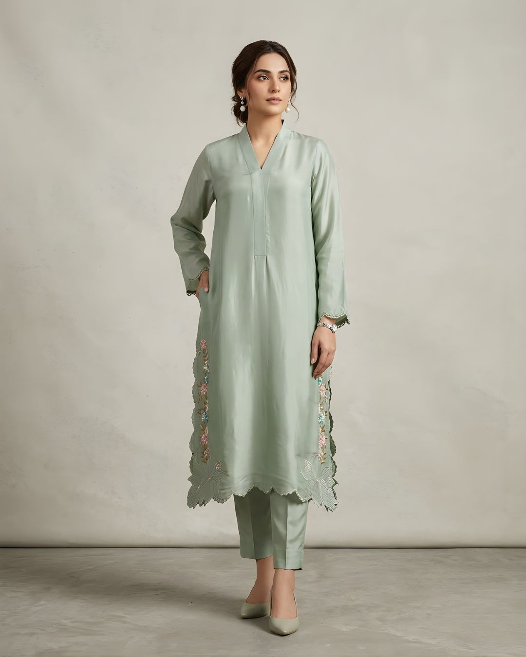 Teal Sheesha Silk 3-Piece Embroidered Suit