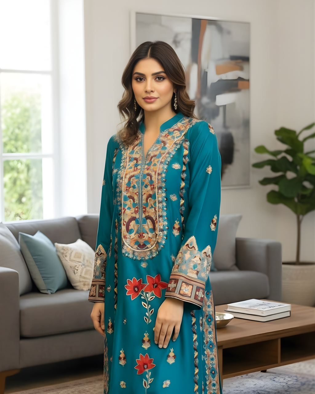 Teal Green Multicolour Arri Embroidered Yoke Silk Kurta