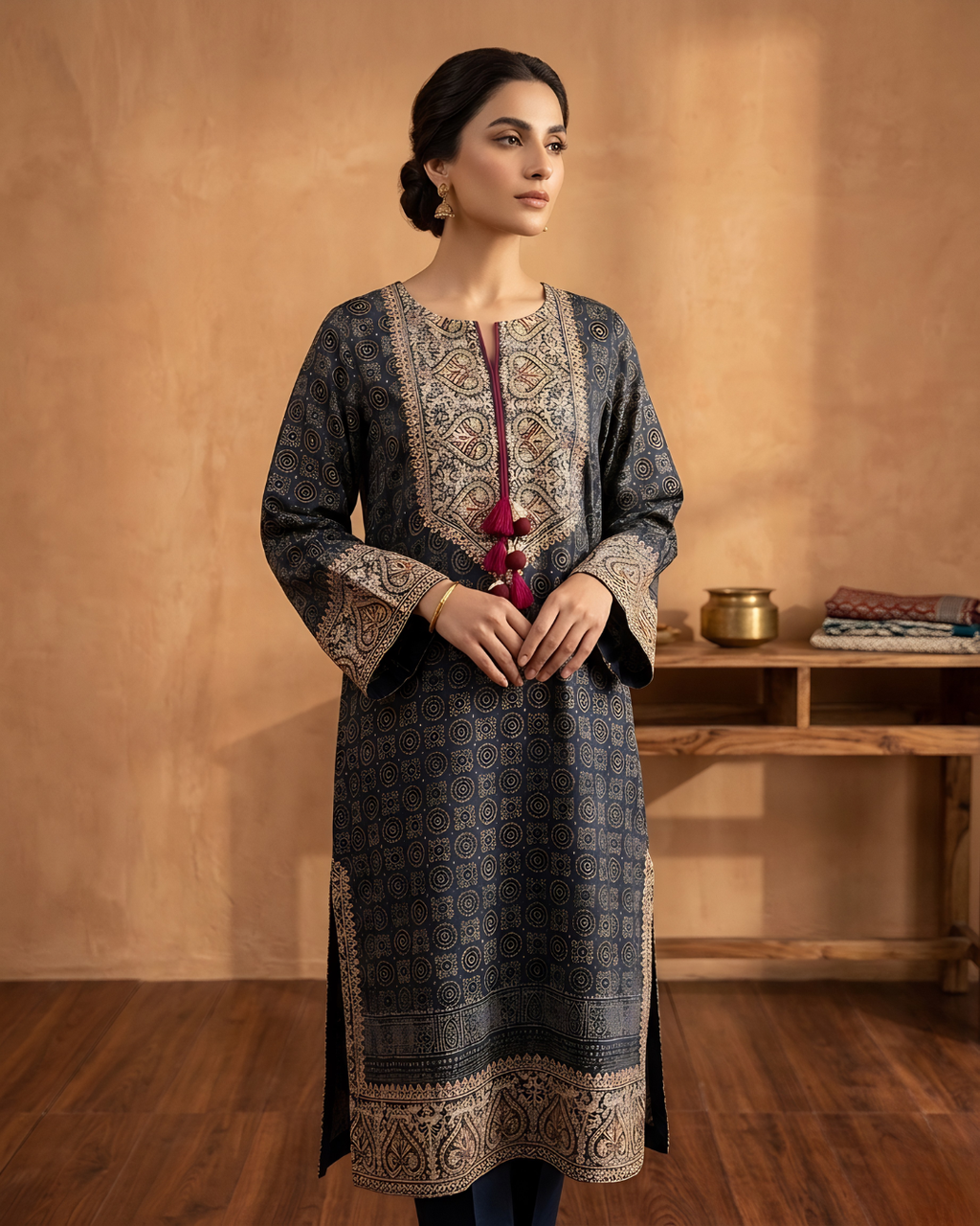 Embroidered Ajrek Silk Kurta