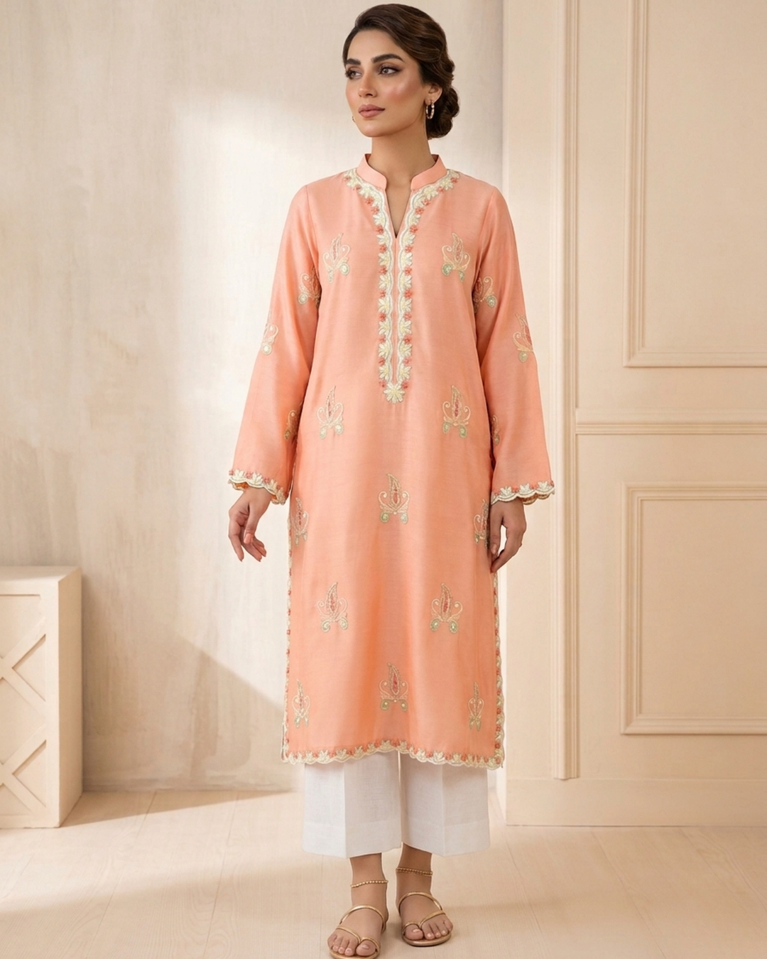 Peach Arri Embroidered Scalloped Hem Loomnet Kurta
