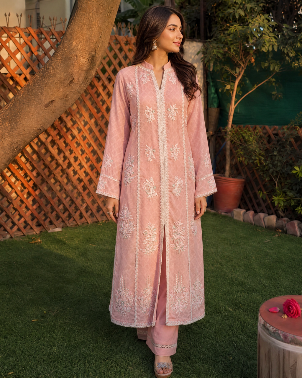 Pink Cotton Net Hand Embroidered Long Shirt Set