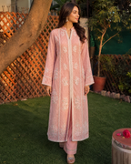Pink Cotton Net Hand Embroidered Long Shirt Set