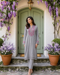 Grey Silk Lawn Hand Embroidered Floral Yoke Kurta Set