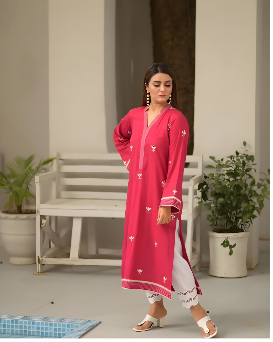 Fuchsia Mirror Work Cotton Lawn Kurta