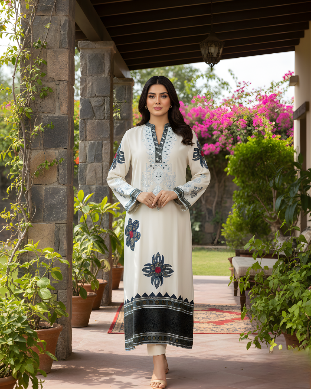 Off White Ajrak Patchwork Mirror Work Loomnet Kurta