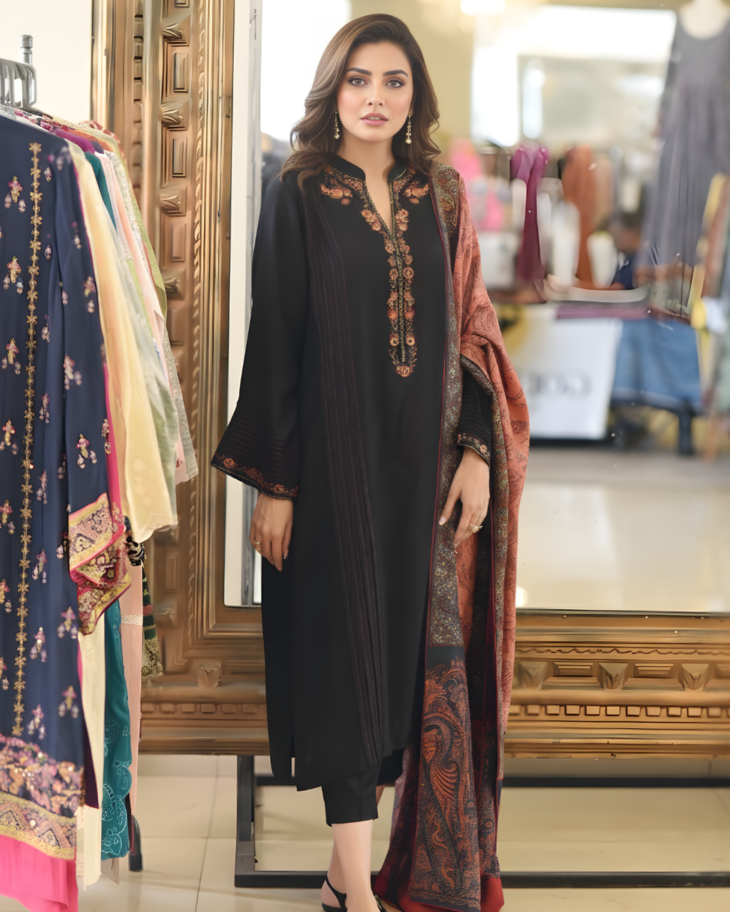 Black Silk Kurta Set with Floral Yoke & Paisley Shawl