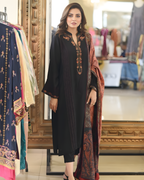 Black Silk Kurta Set with Floral Yoke & Paisley Shawl