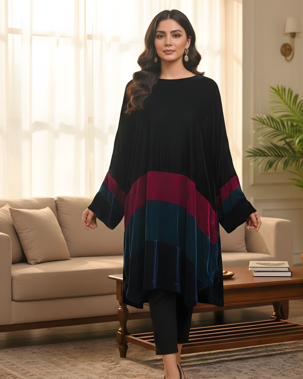 Black Velvet Colour Block Co-ord Set – Teal & Maroon Panels