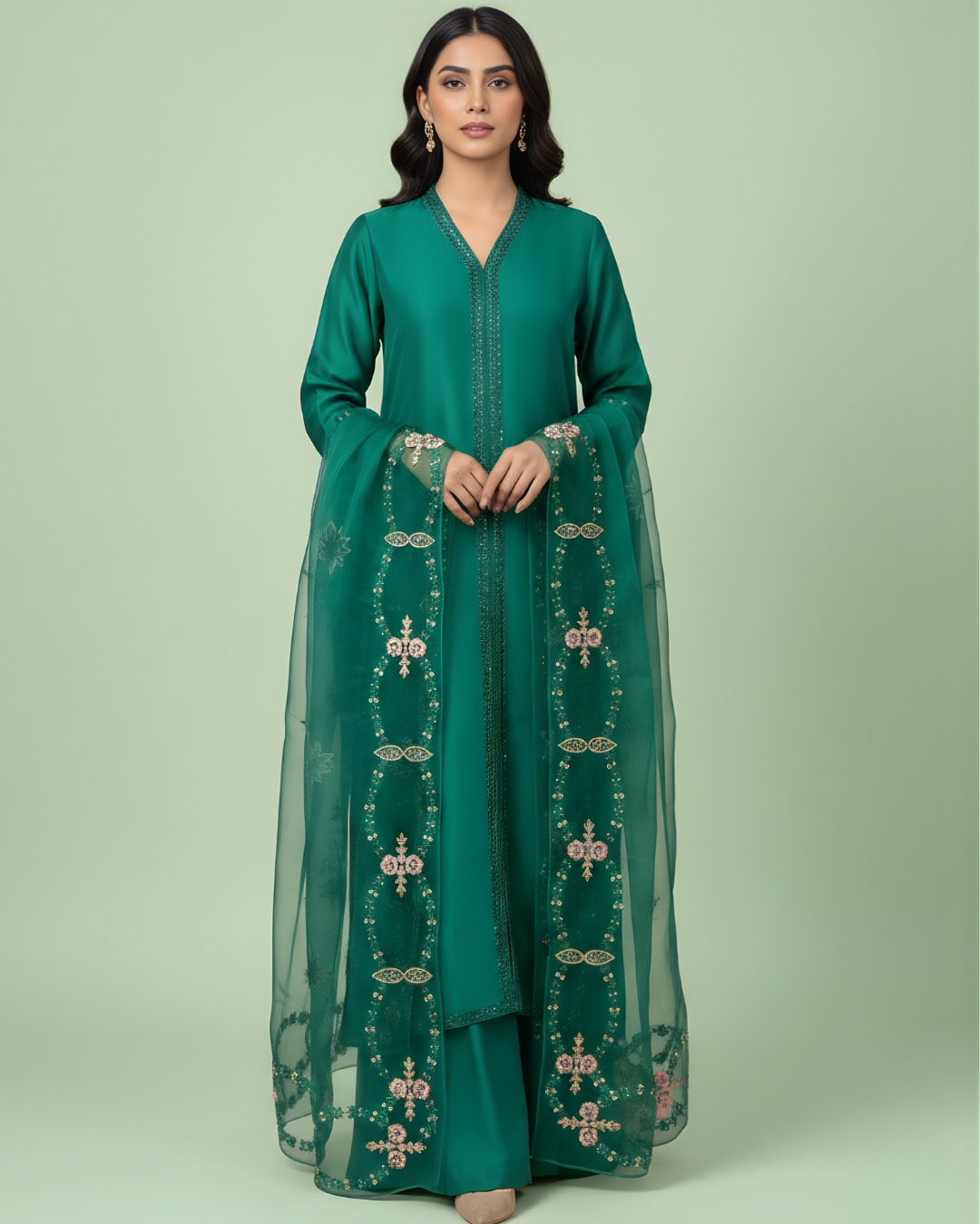 Emerald Green Stone Embroidered Loomnet 3-Piece Suit