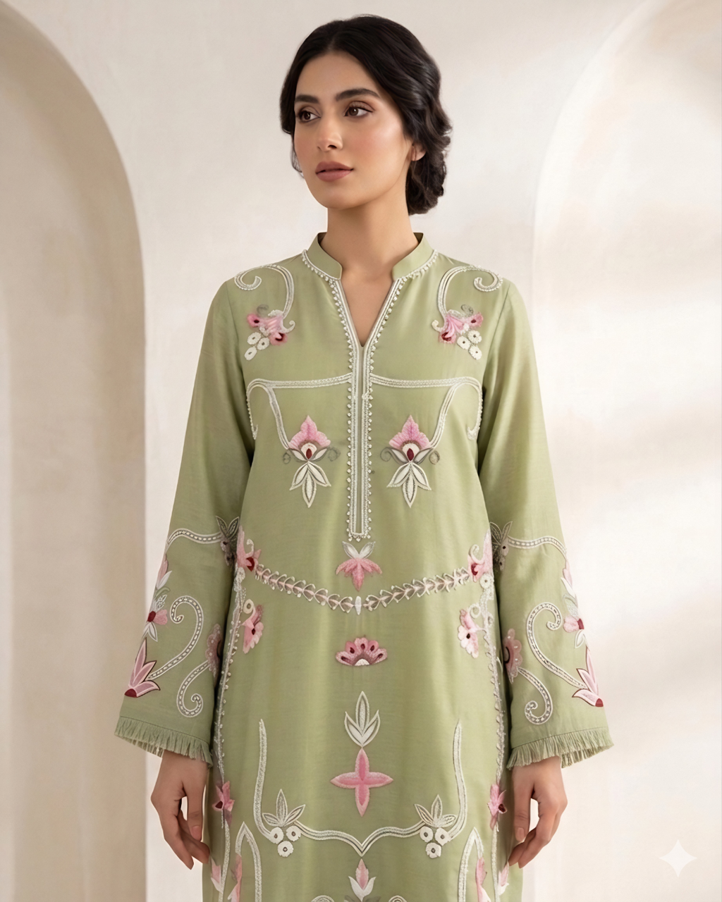 Green Arri Floral Embroidered Silk Lawn Kurta Set