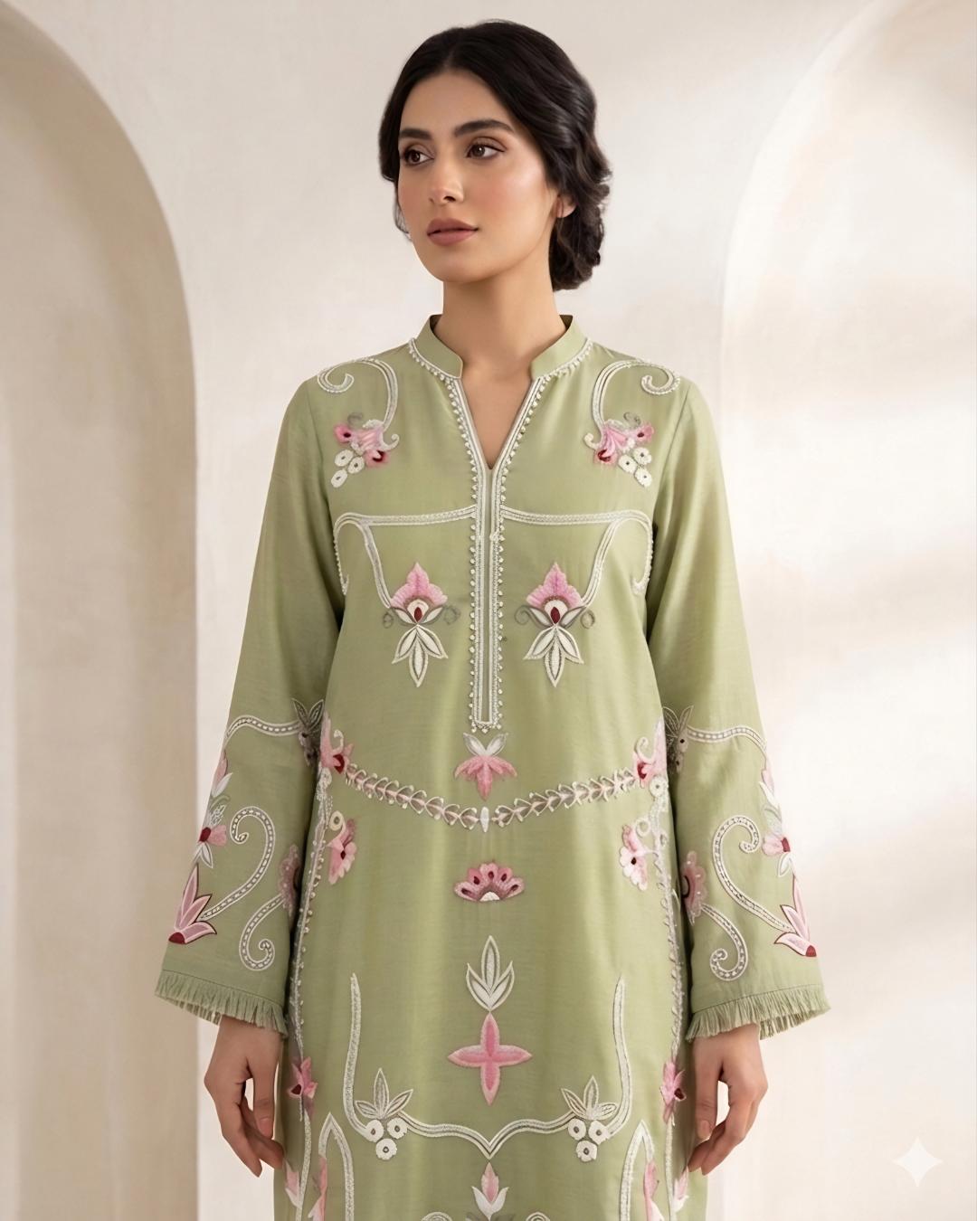 Green Arri Floral Embroidered Silk Lawn Kurta Set