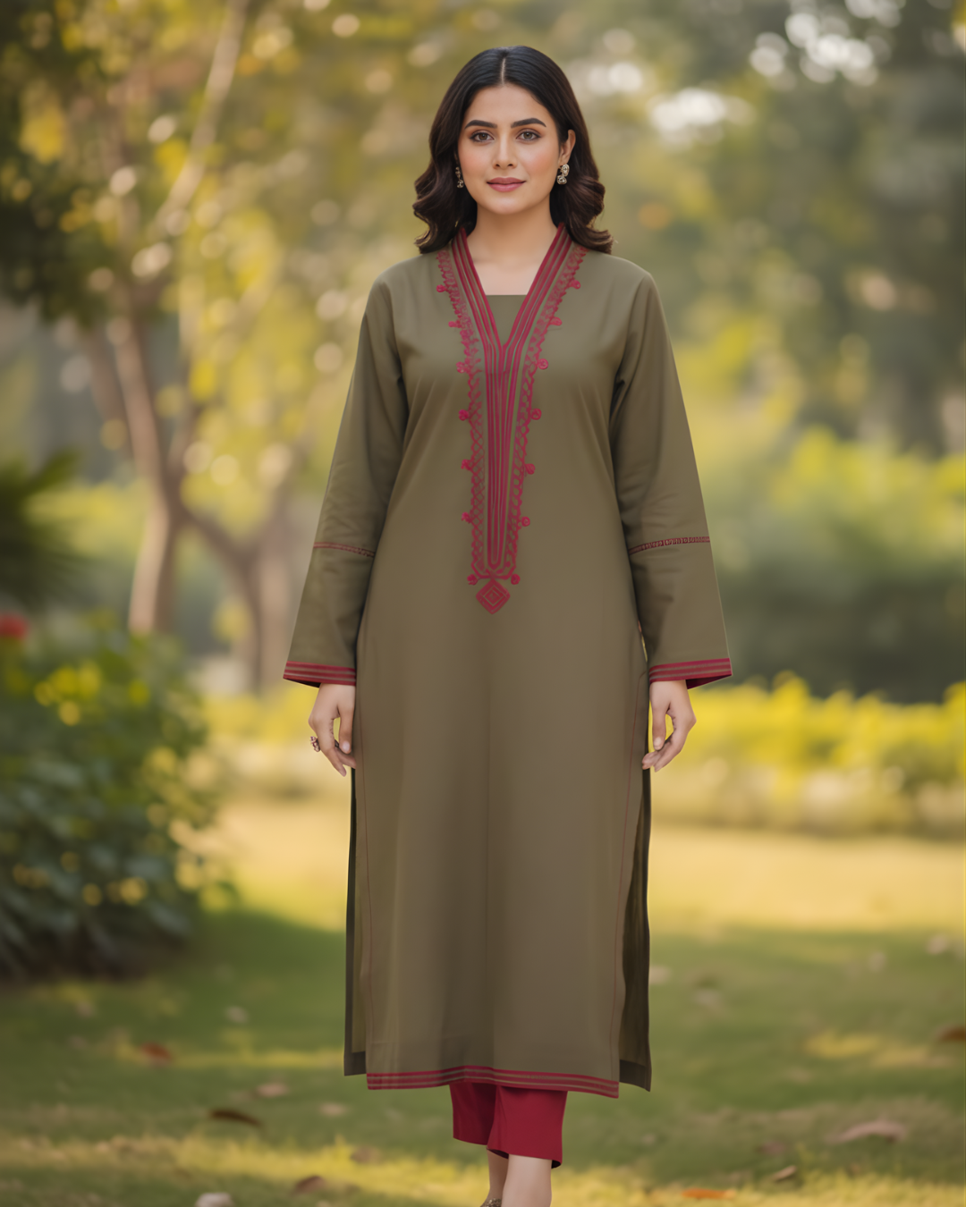 Army Green Red Geometric Embroidered Cambric Kurta Set
