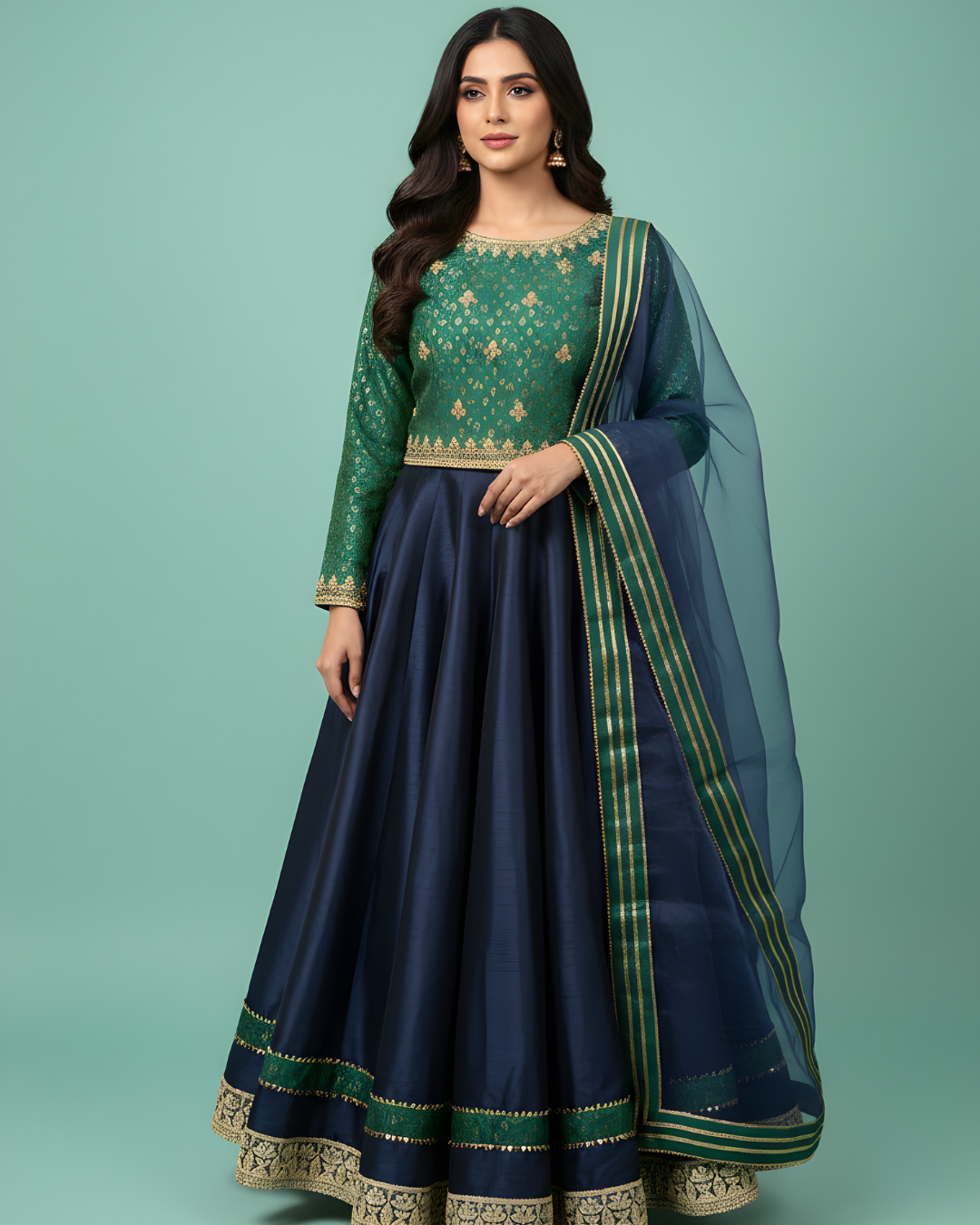 Green & Navy Jamawar Lehenga Choli with Organza Dupatta