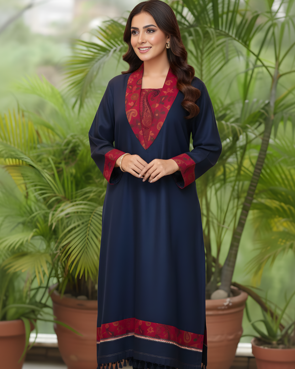Navy Blue Paisley Print Pashmina Shawl Collar Kurta