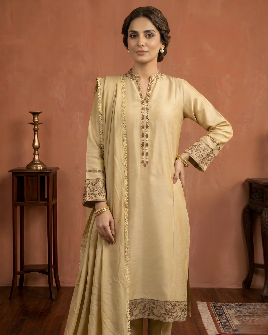 Beige Loomnet Kanta Embroidered Arri Work Kurta Suit