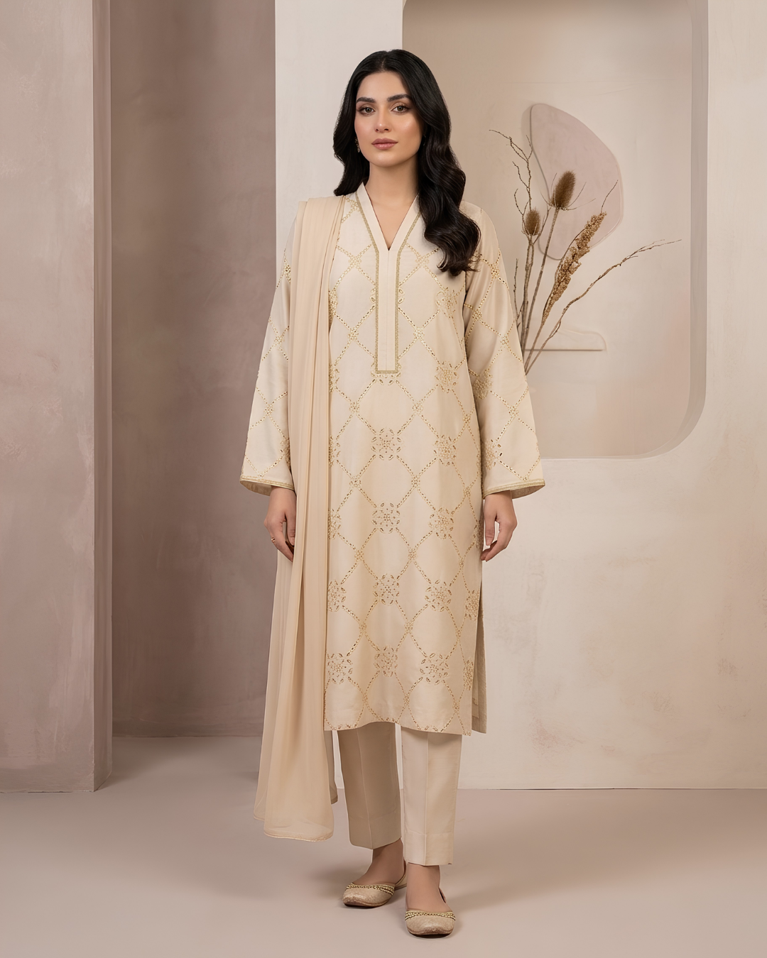 Beige Tissue Silk Gold Schiffli Cutwork Kurta Set