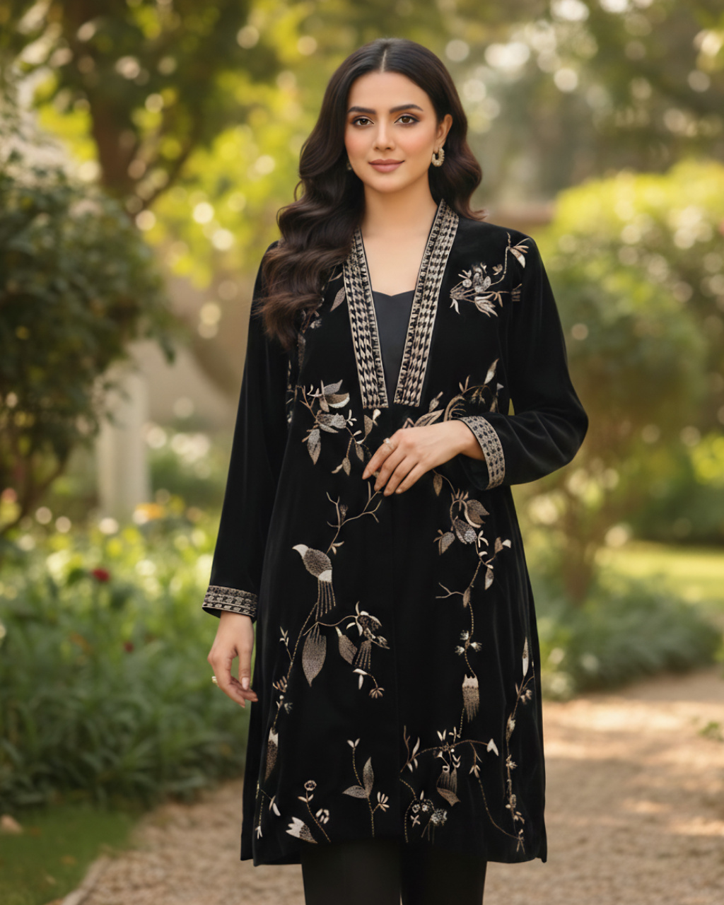 Black Velvet Gold Floral & Bird Embroidered Jacket Kurta Set