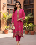 Fuchsia Silk 3-Piece Suit with Gold Embroidered Digital Print