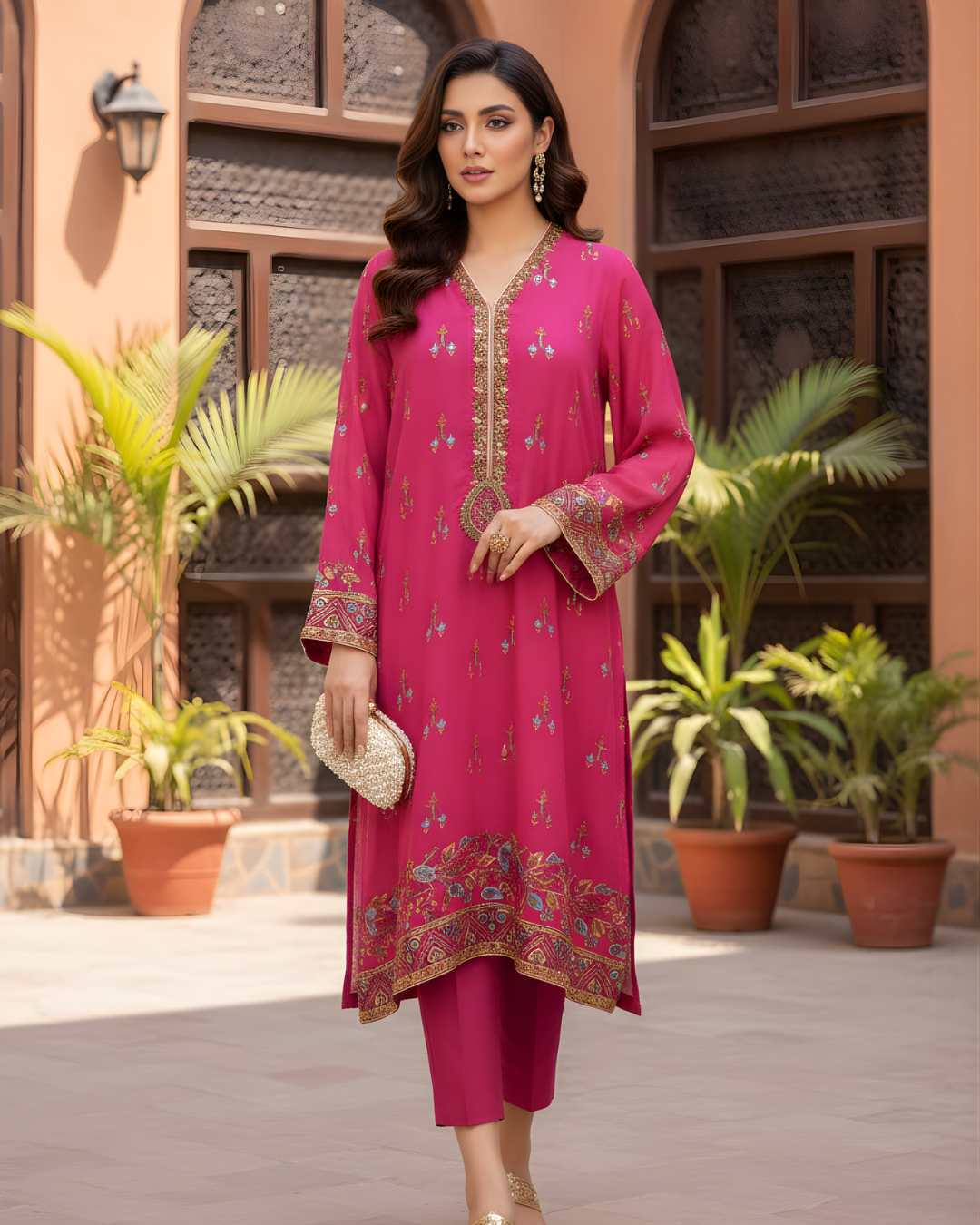 Fuchsia Silk 3-Piece Suit with Gold Embroidered Digital Print