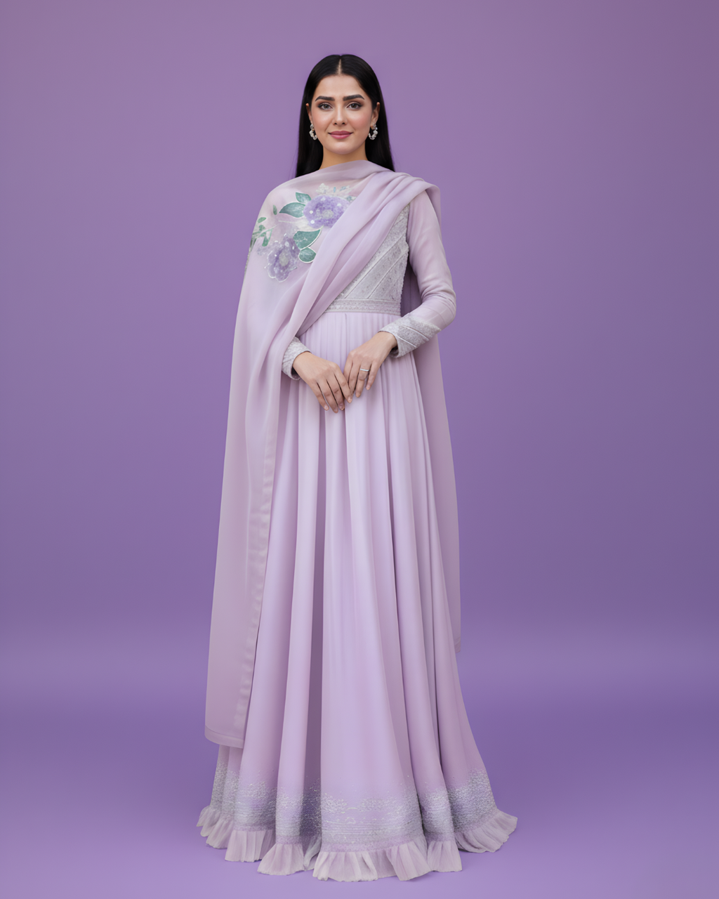 Lilac Korean Silk Princess Cut Dress – Silver Embellished