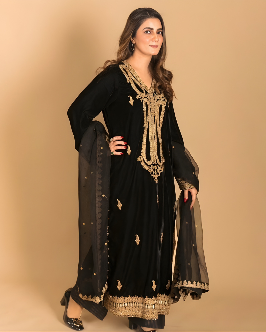 Black Velvet 3-Piece Embroidered Suit with Organza Dupatta