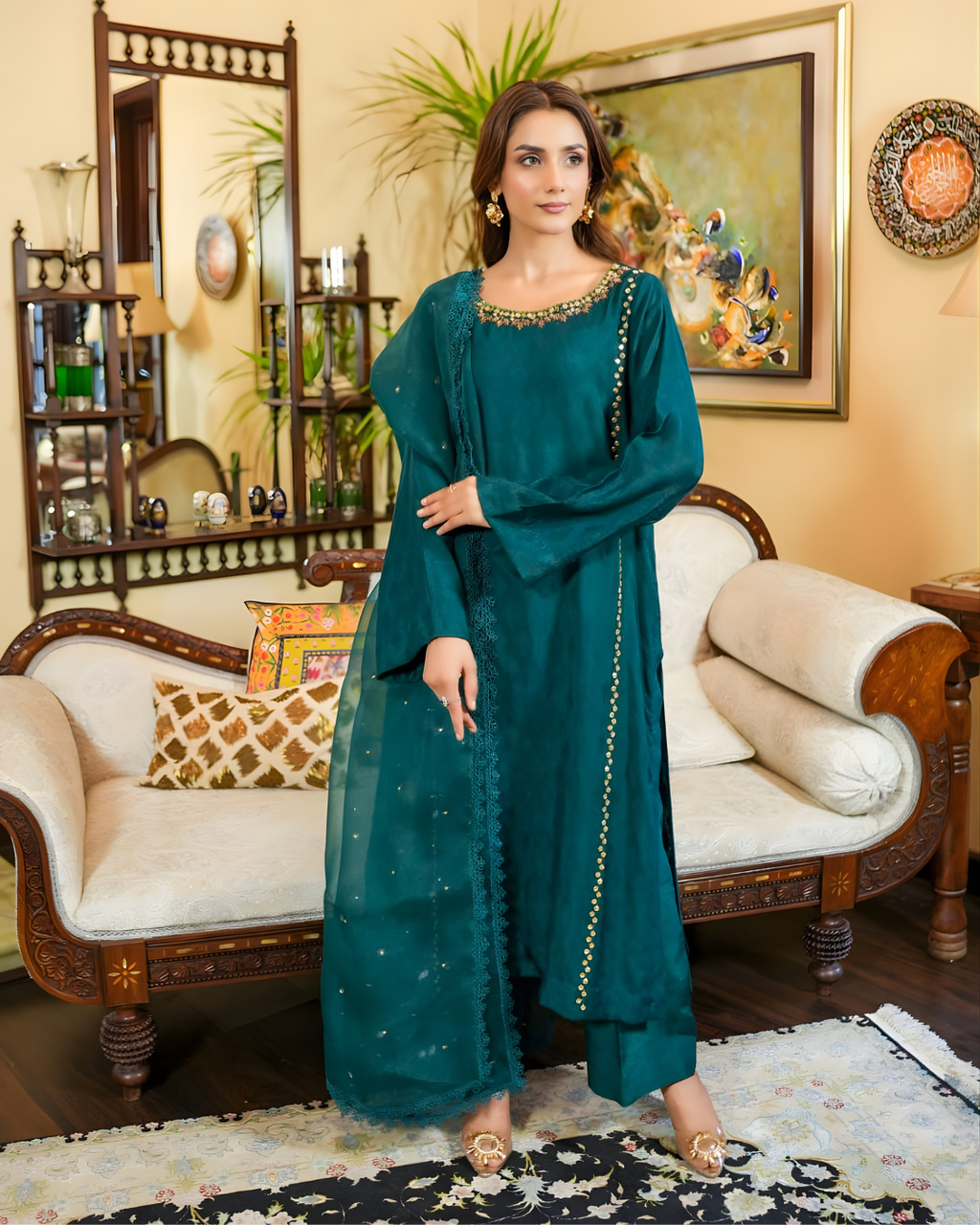 Dark Green Korean Silk 3-Piece Suit