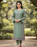 Sea Green Ruffle Cutwork Silk Kurta Set – Purple Embroidered Panels