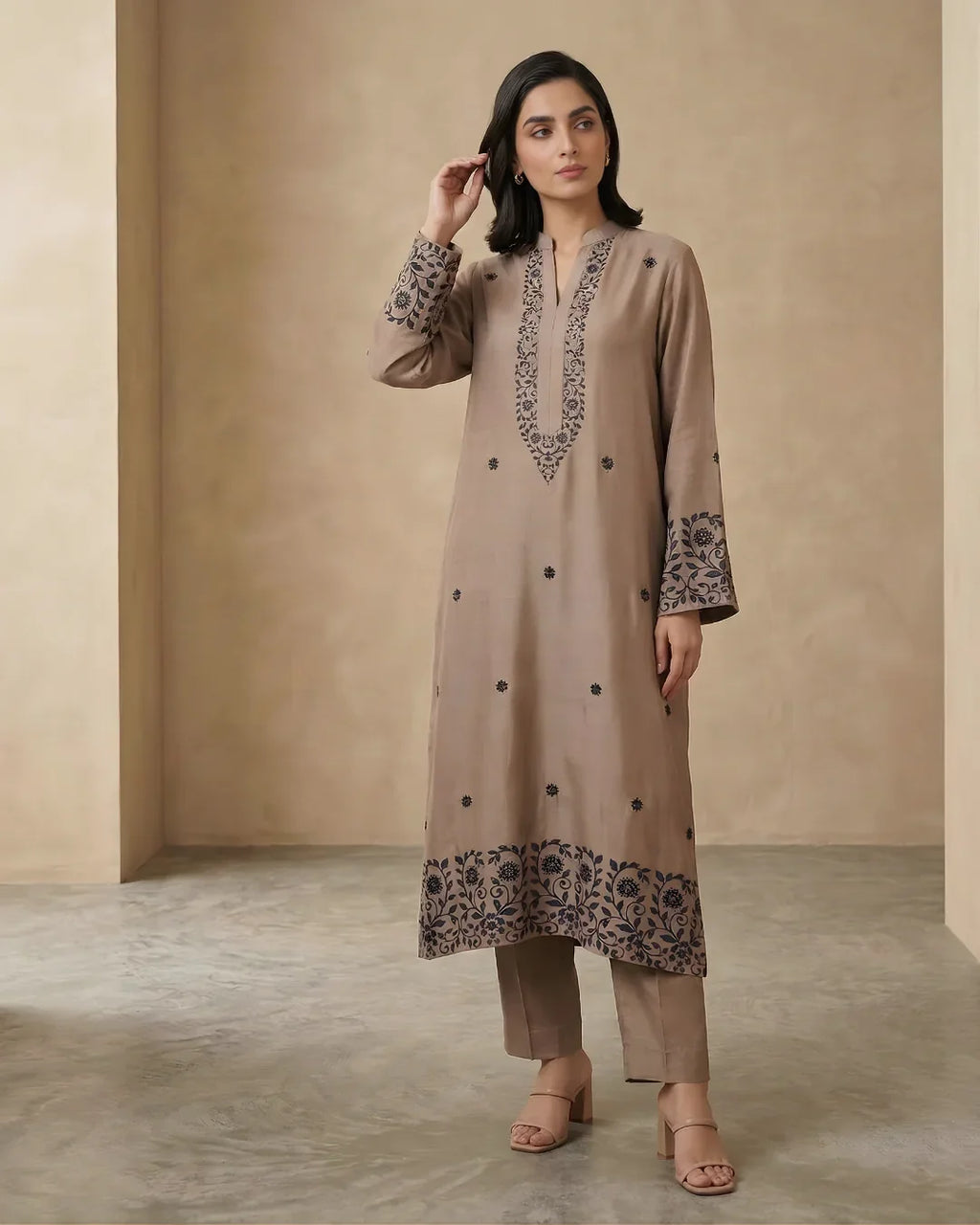 Coffee Brown Block Print Floral Jaal Loomnet Kurta