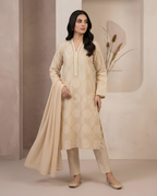 Beige Tissue Silk Gold Schiffli Cutwork Kurta Set