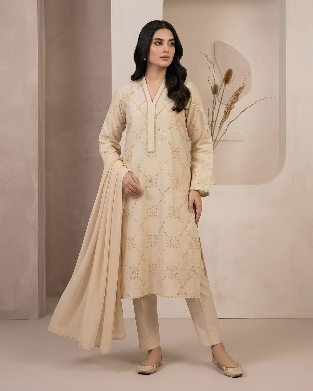 Beige Tissue Silk Gold Schiffli Cutwork Kurta Set