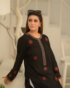 Black Chicken Lawn Mirror Work Floral Embroidered Kurta