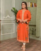 Orange Gold Tilla Embroidered Lawn Kurta