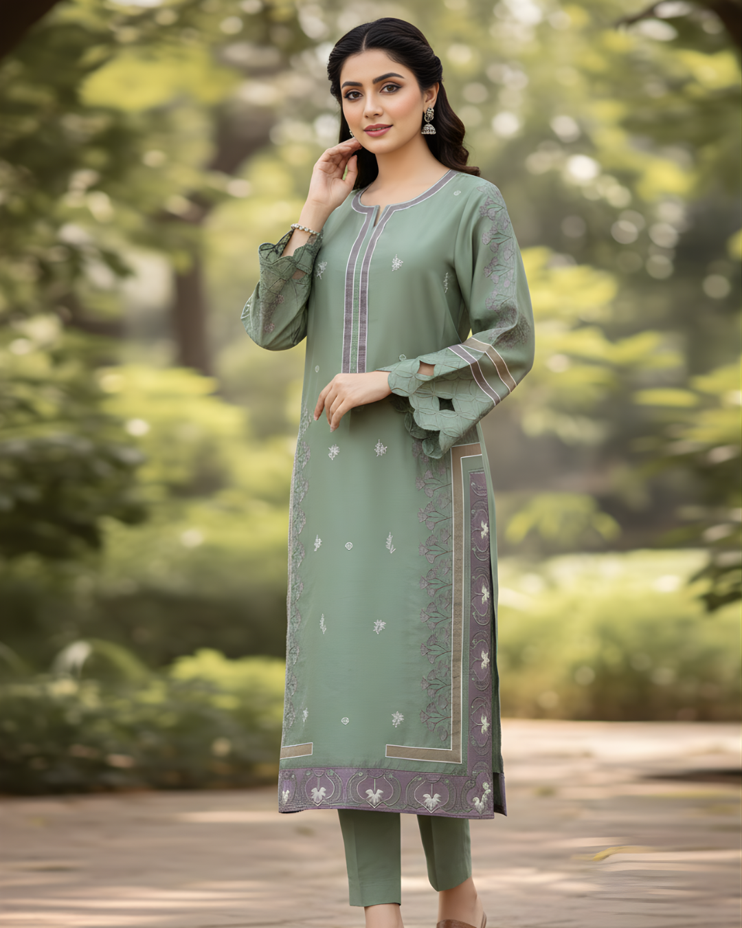 Sea Green Ruffle Cutwork Silk Kurta Set – Purple Embroidered Panels