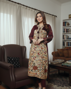 Cream & Maroon Velvet Hand Embroidered Floral Jaal Kurta Set