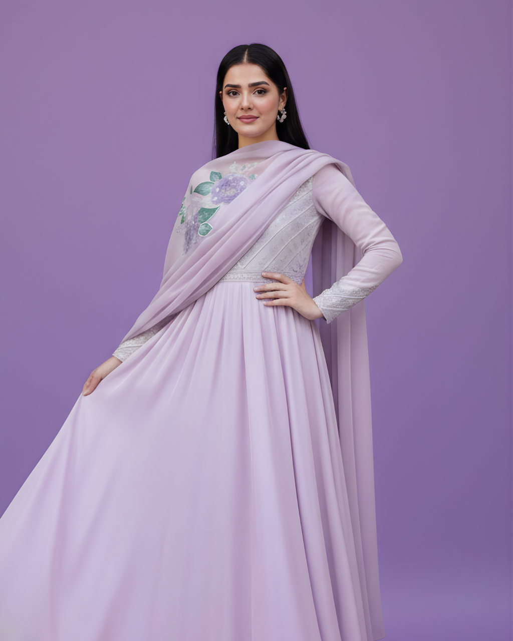 Lilac Korean Silk Princess Cut Dress – Silver Embellished