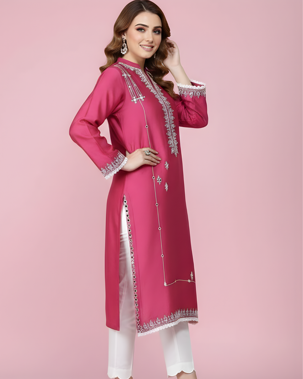Mulberry Pink Mirror Work Loomnet Kurta Set