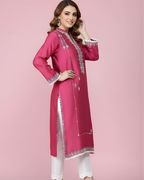 Mulberry Pink Mirror Work Loomnet Kurta Set