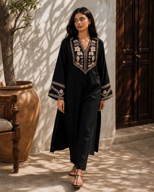 Black Floral Yoke Hand Embroidered Loomnet Kurta Set