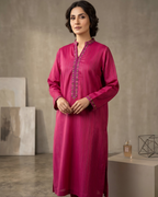 Magenta Striped Lawn Hand Embroidered Kurta