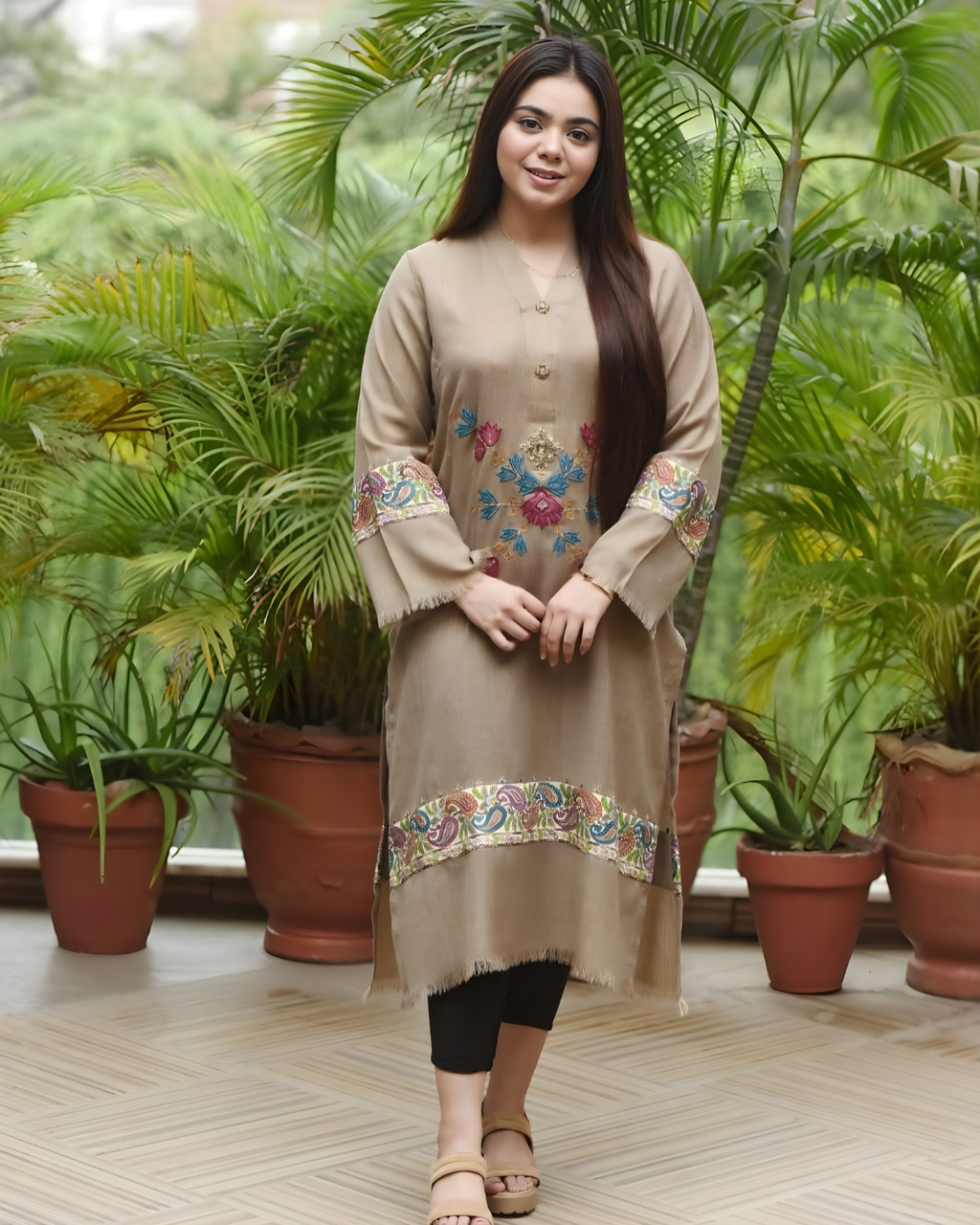 Fawn Pashmina Kurta with Pink Adda Handwork & Floral Embroidery