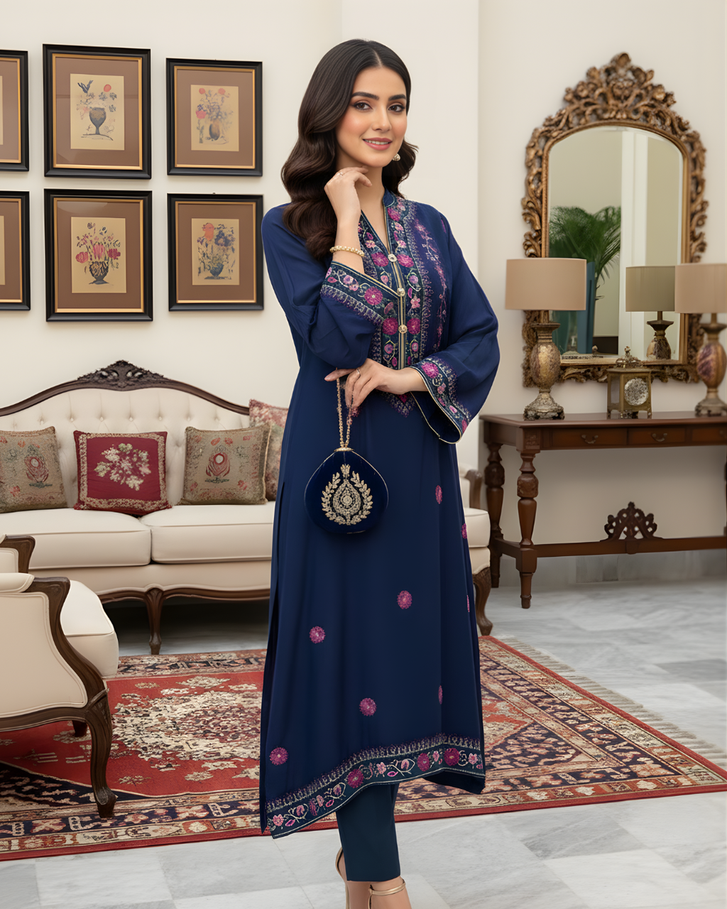 Navy Blue Pink Floral Embroidered Yoke Loomnet Kurta
