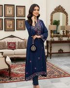 Navy Blue Pink Floral Embroidered Yoke Loomnet Kurta