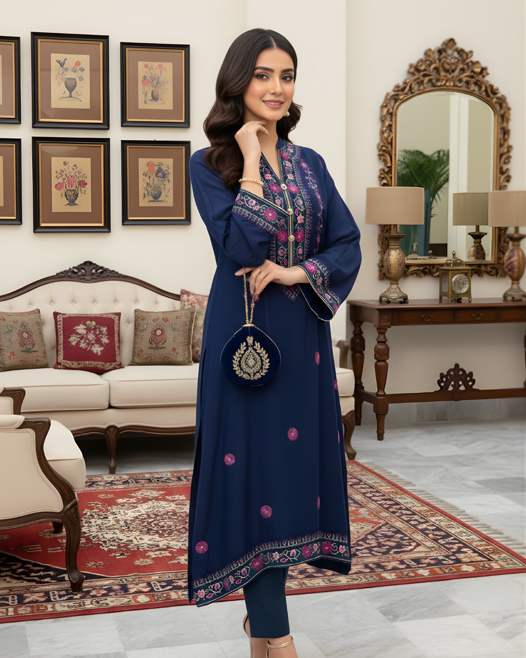 Navy Blue Pink Floral Embroidered Yoke Loomnet Kurta