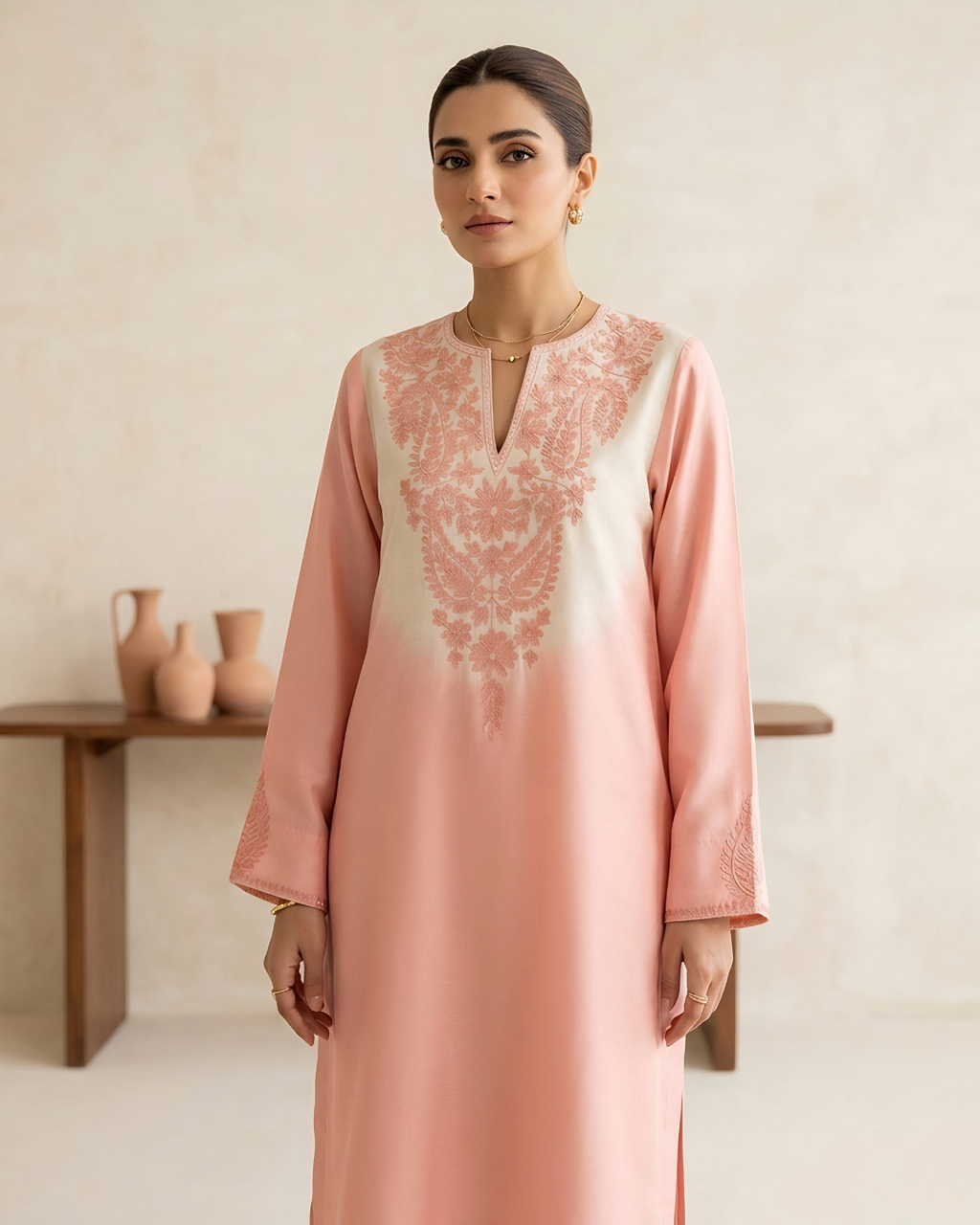 Pink and White Shaded Loomnet Embroidered Kurta