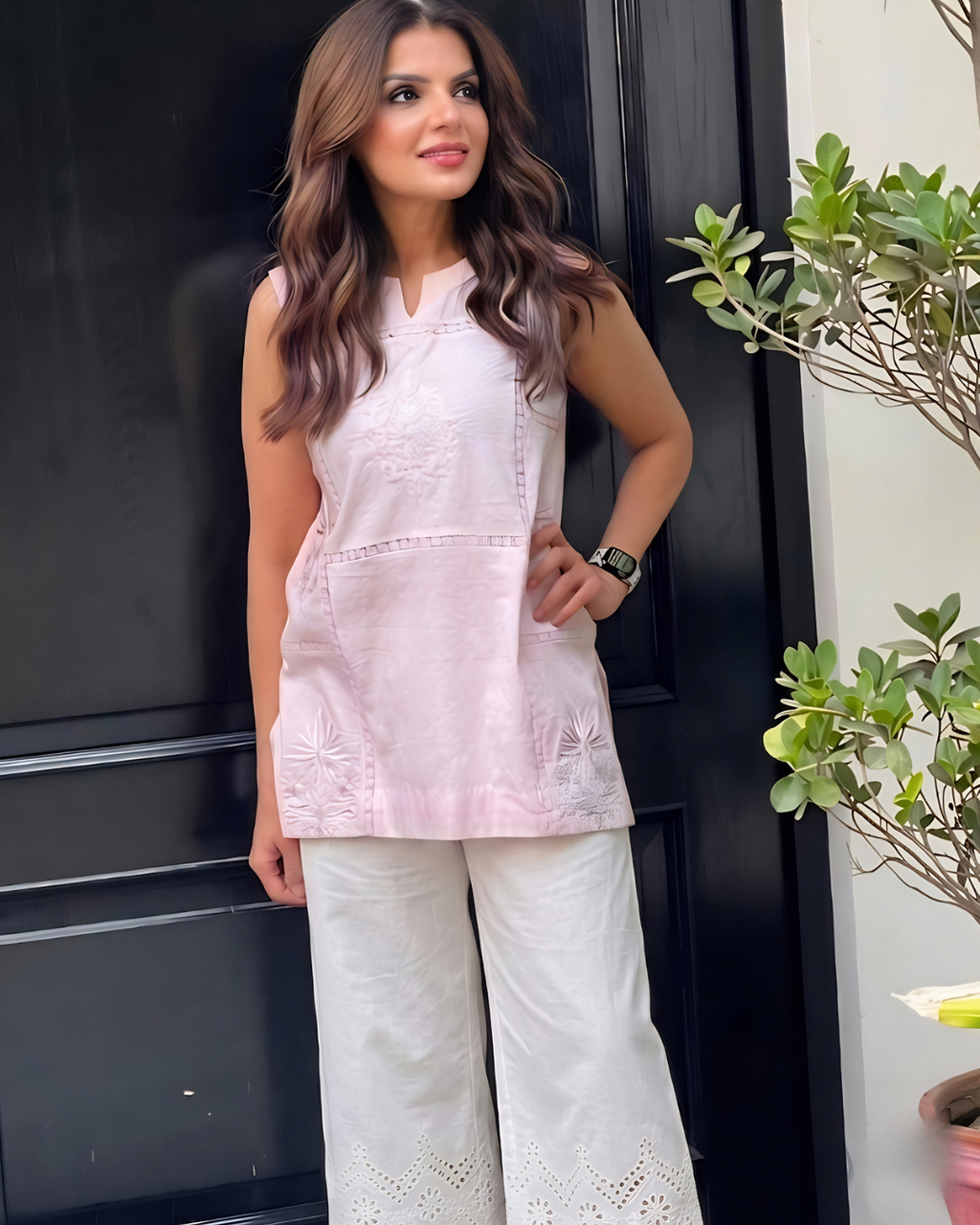 Pink Sleeveless Loomnet Hand Embroidered Kurta Set